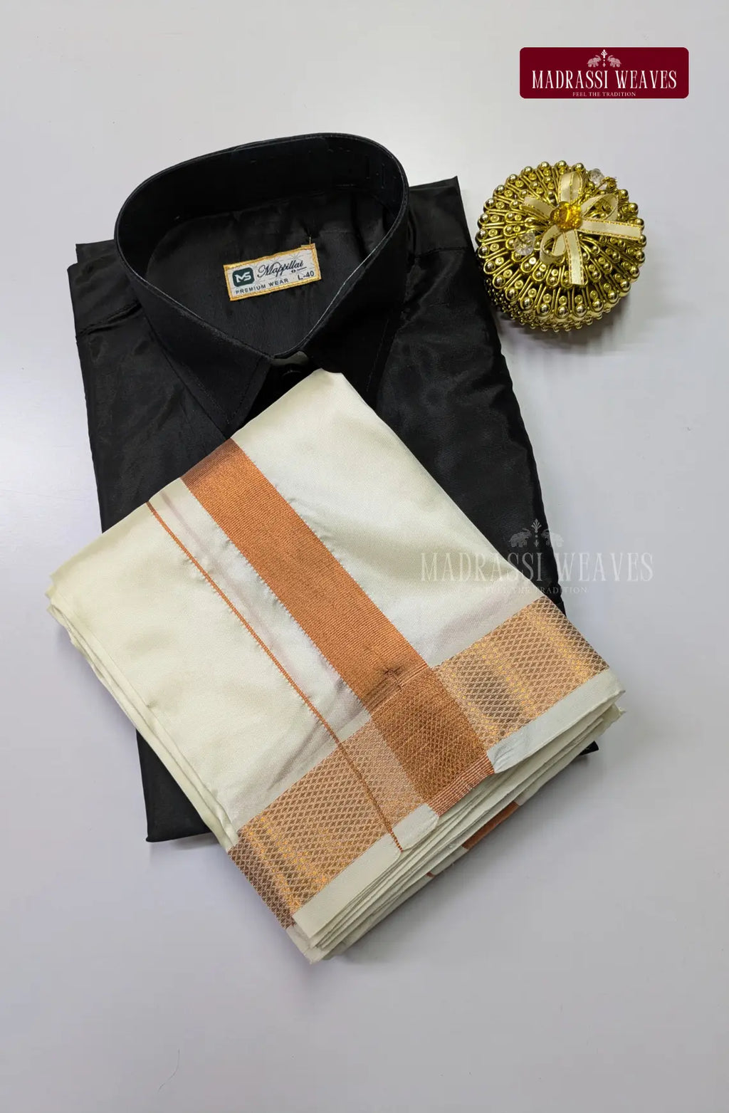 Premium Silk Dhoti Set with Copper Zari - Black & White