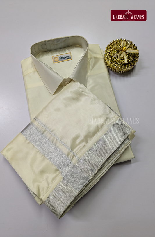 Premium Silk Dhoti Set with Silver Zari - Off White