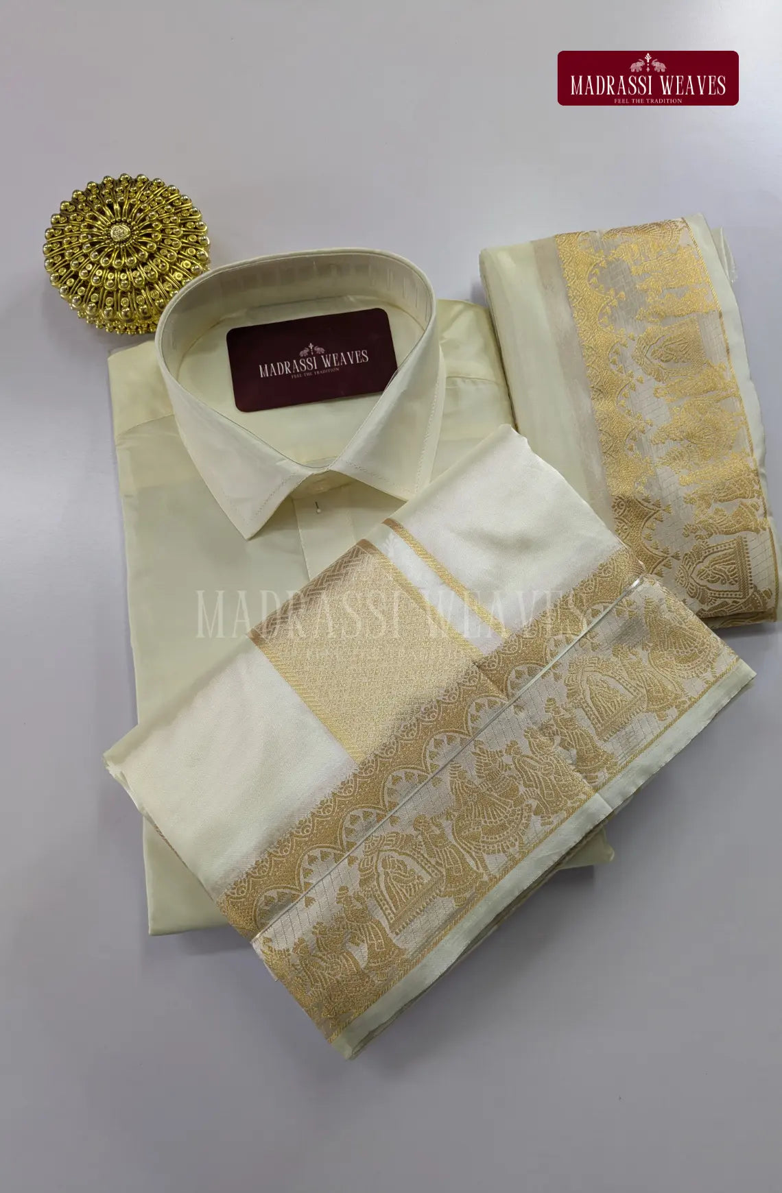 Premium  Zari Art Silk Pallakku Dhoti Set - Off White