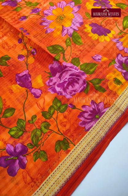 Pure Cotton With Trendy Print Saree - Orange