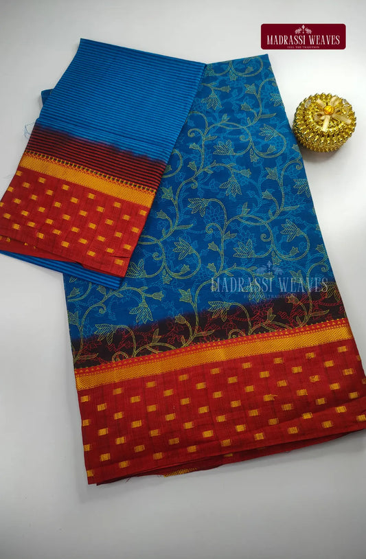 Pure Cotton With Trendy Print Saree - Blue