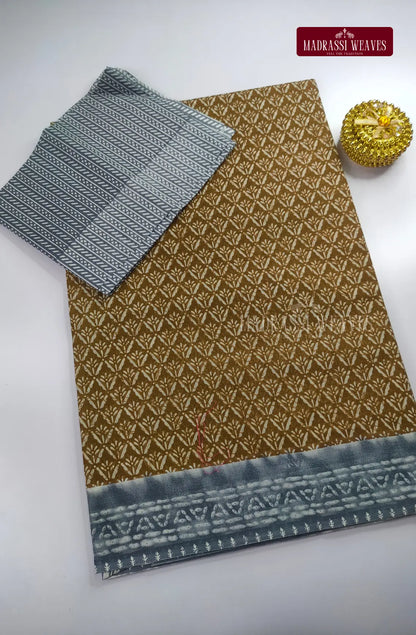 Pure Cotton With Trendy Print Saree - Methi