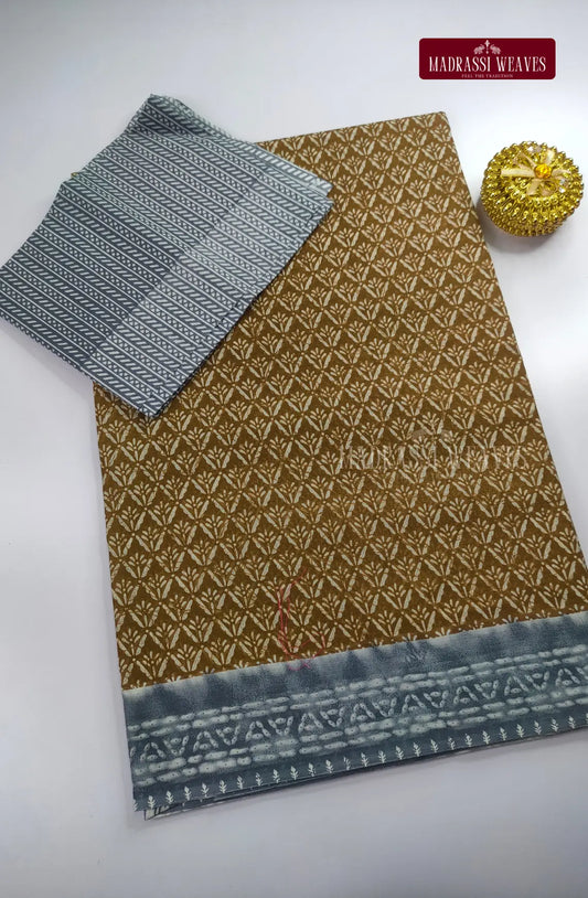Pure Cotton With Trendy Print Saree - Methi