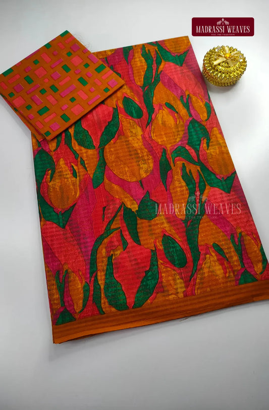 Pure Cotton With Trendy Print Saree - Multi Pink