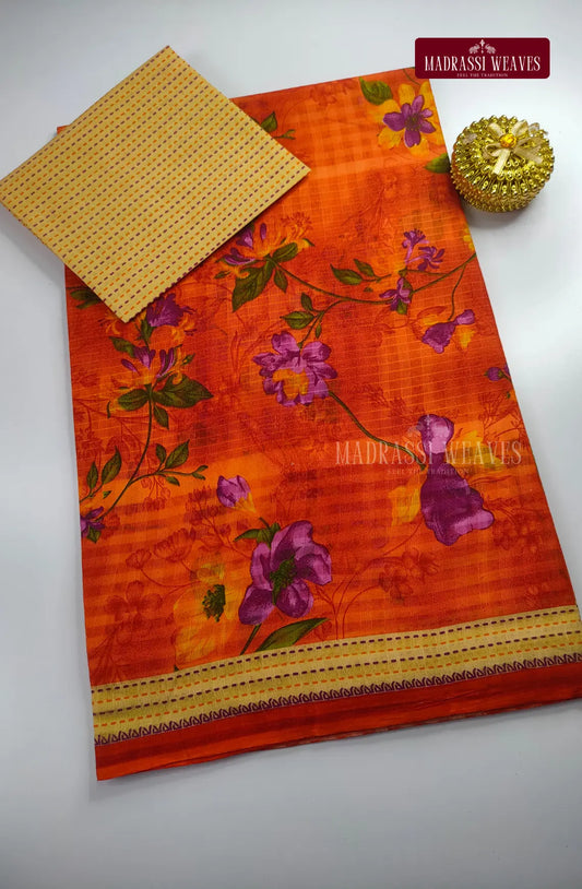 Pure Cotton With Trendy Print Saree - Orange