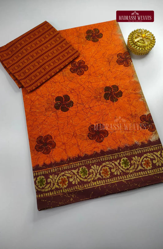 Pure Cotton With Trendy Print Saree - Pechish Orange