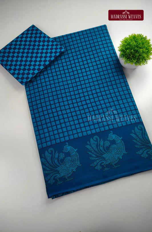 Pure Cotton With Trendy Print Saree - Royal Blue