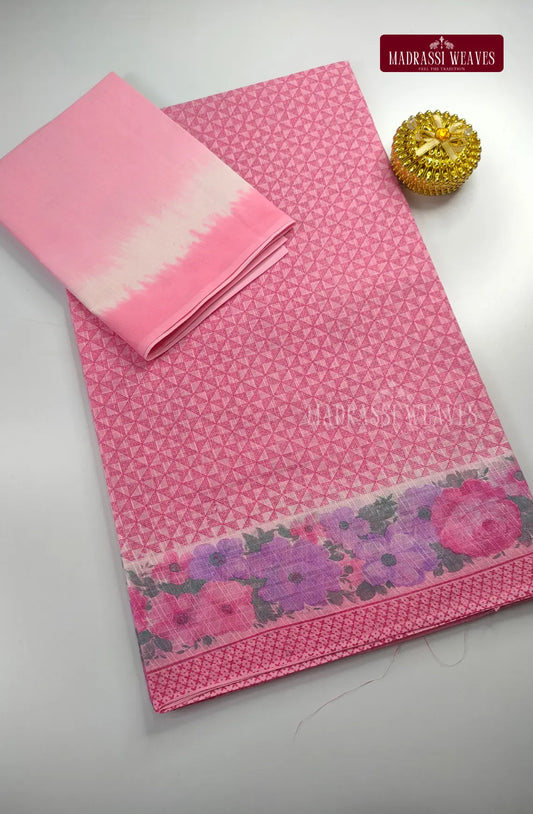 Pure Cotton With Trendy Printed Saree - Baby Pink