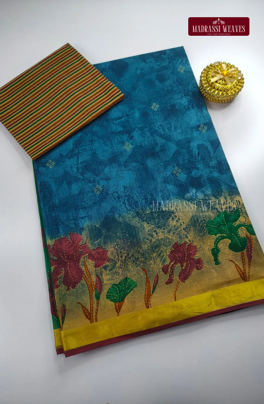 Pure Cotton With Trendy Printed Saree - Blue