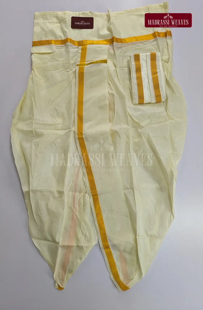 ReadyMade Men's Art silk Panchakecham with Gold Zari & Towel Set - Off White