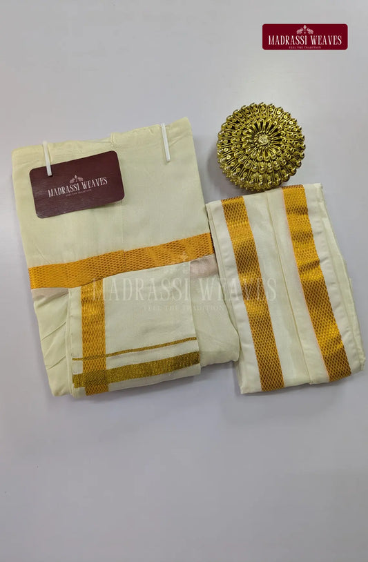 ReadyMade Men's Art silk Panchakecham with Gold Zari & Towel Set - Off White