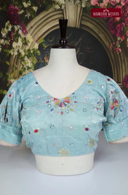 ReadyMade Organza Puff Sleeve With Lining Blouse - Sky Blue