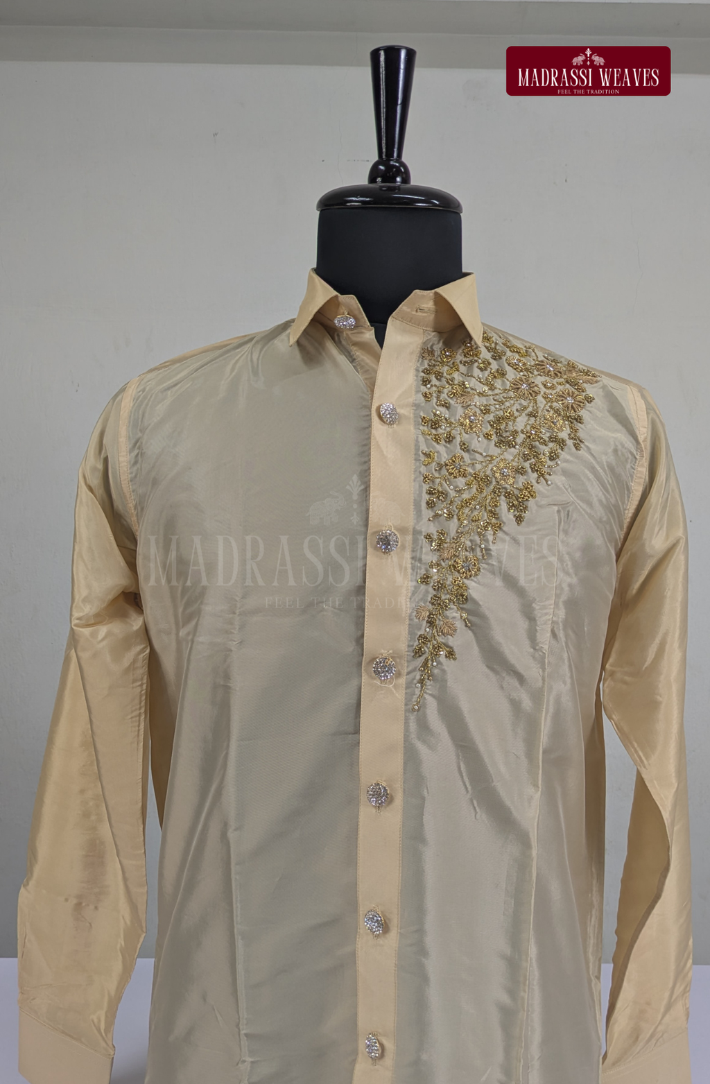 Luxury Aari Work Wedding Silk Dhoti Set (HandCrafted) -(DESPATCH TIME 15 DAYS) - Beige