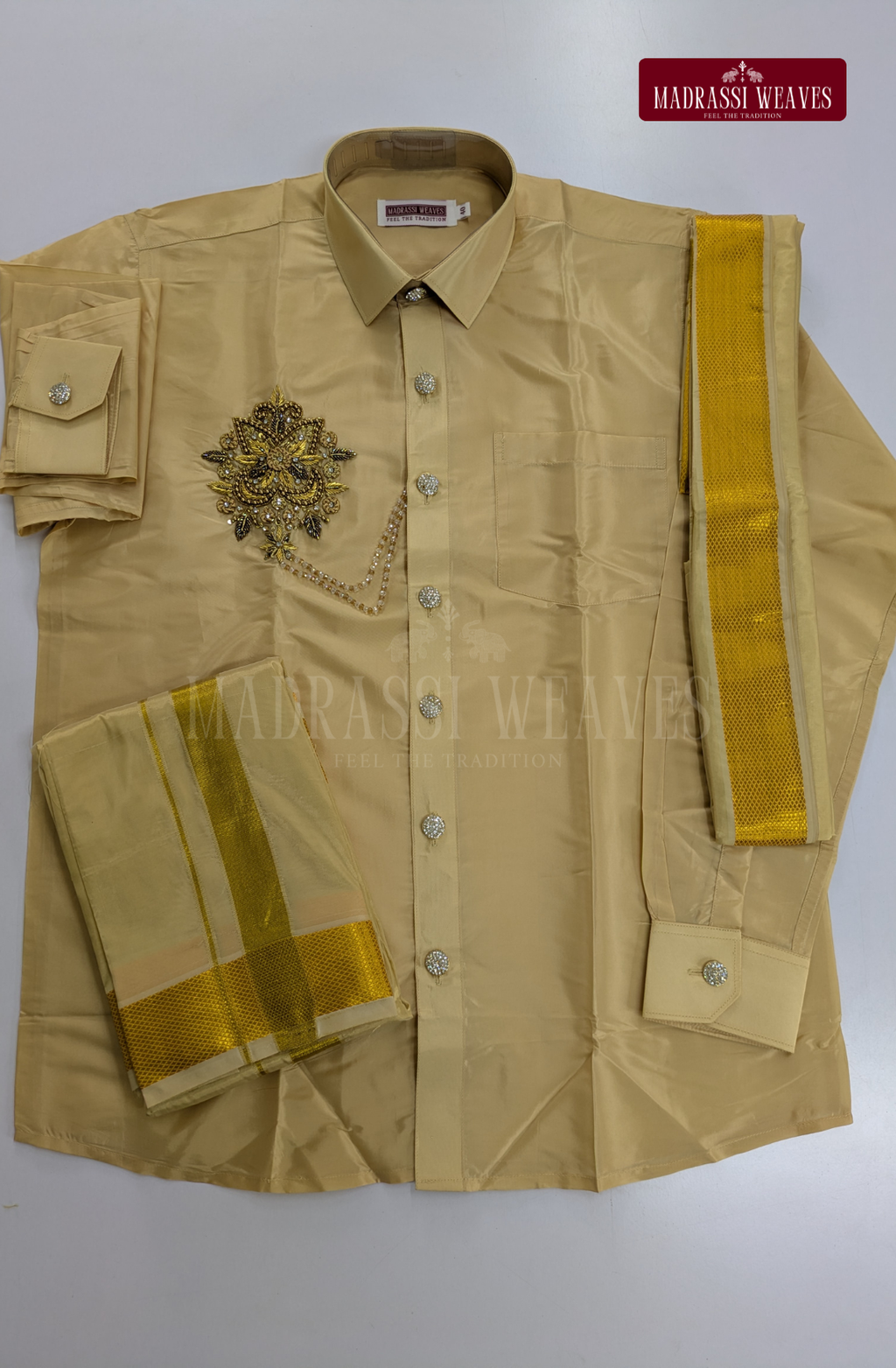 Luxury Aari Work Wedding Silk Dhoti Set (HandCrafted) -(DESPATCH TIME 15 DAYS) - Beige