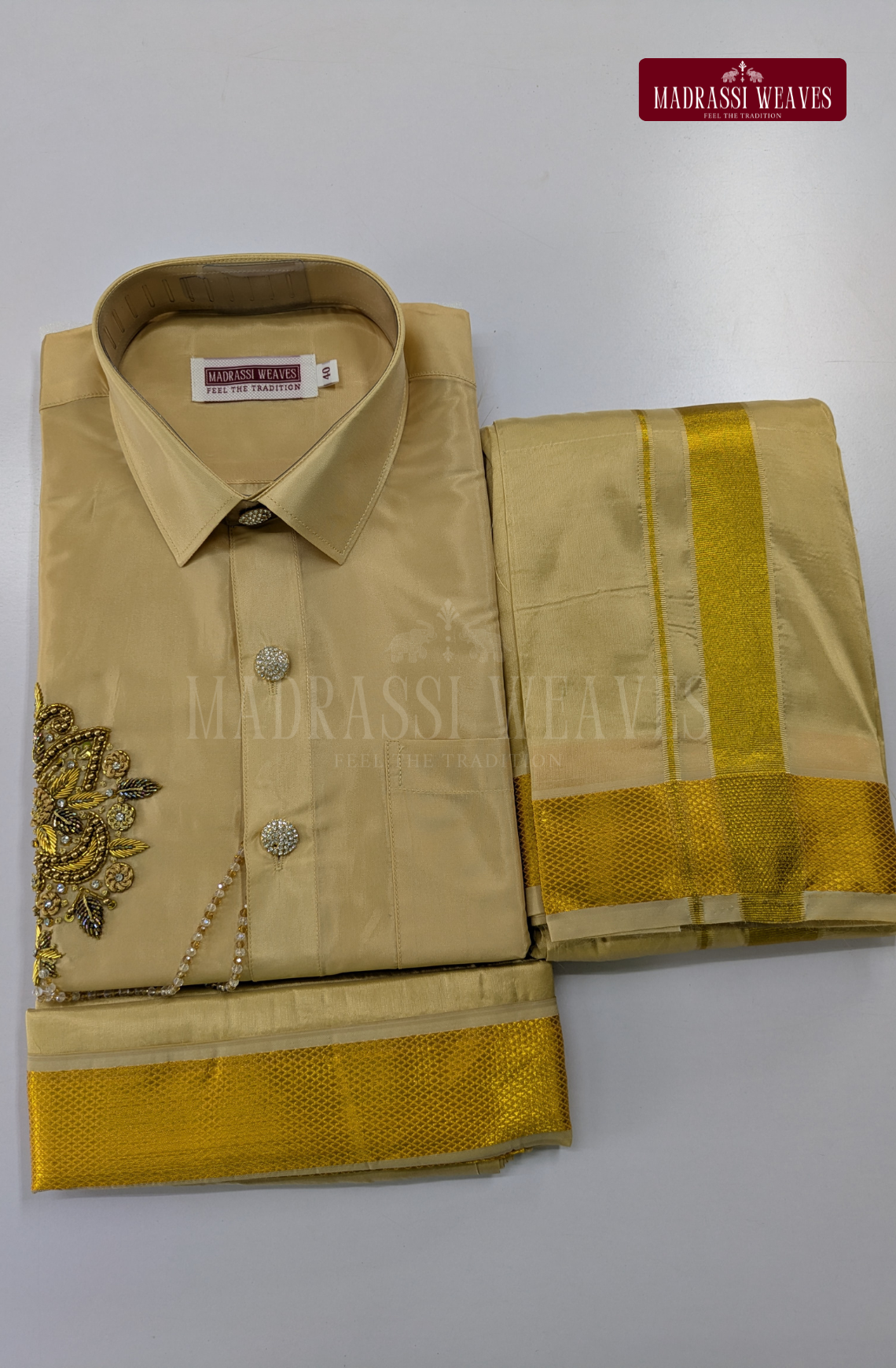 Luxury Aari Work Wedding Silk Dhoti Set (HandCrafted) -(DESPATCH TIME 15 DAYS) - Beige