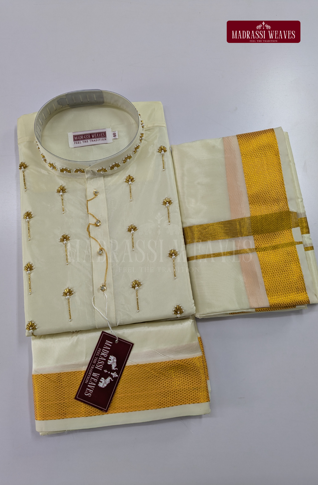 Luxury Aari Work Wedding Silk Kurta Dhoti Set (HandCrafted) -(DESPATCH TIME 15 DAYS) - Off White