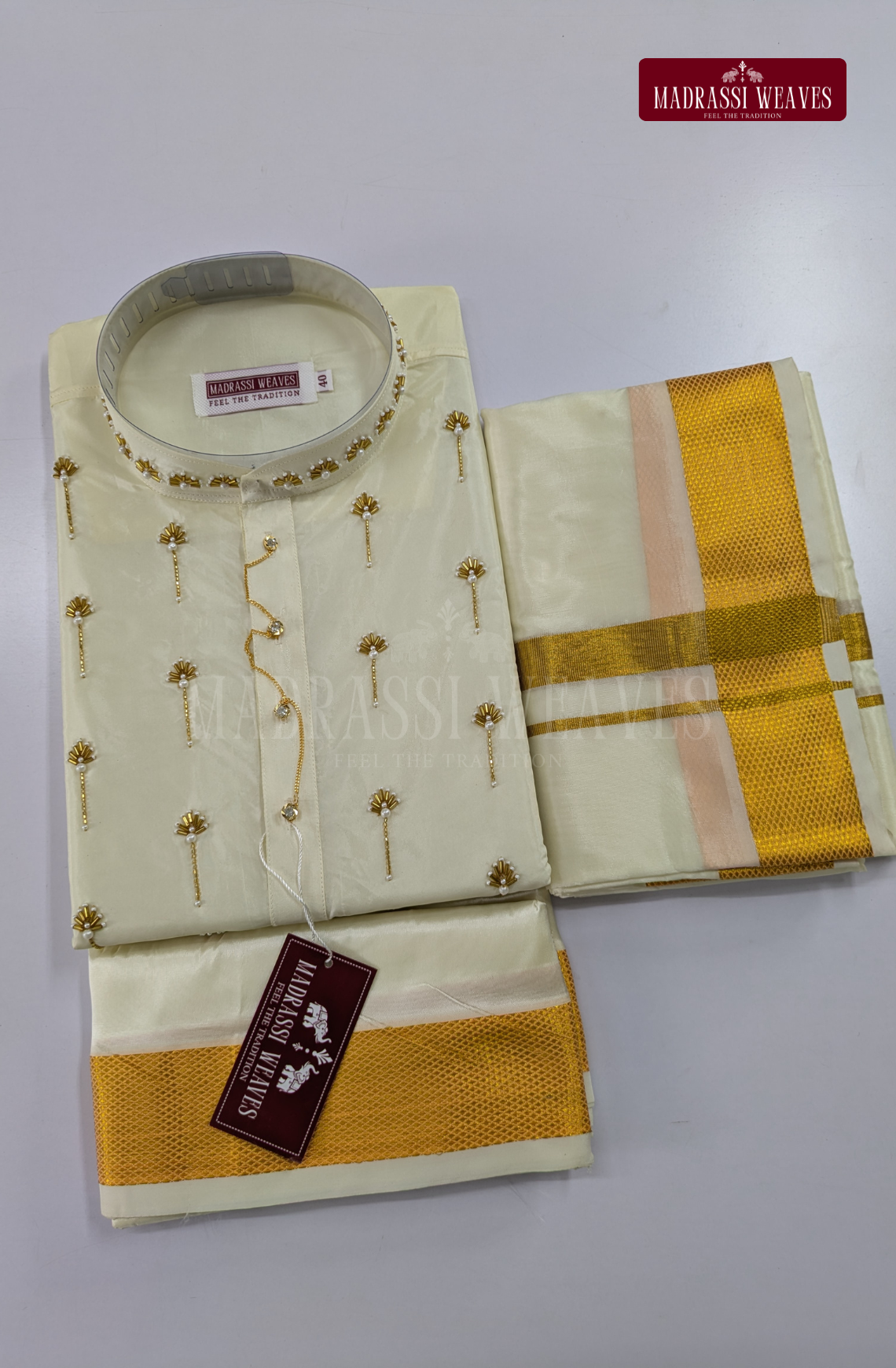 Luxury Aari Work Wedding Silk Kurta Dhoti Set (HandCrafted) -(DESPATCH TIME 15 DAYS) - Off White