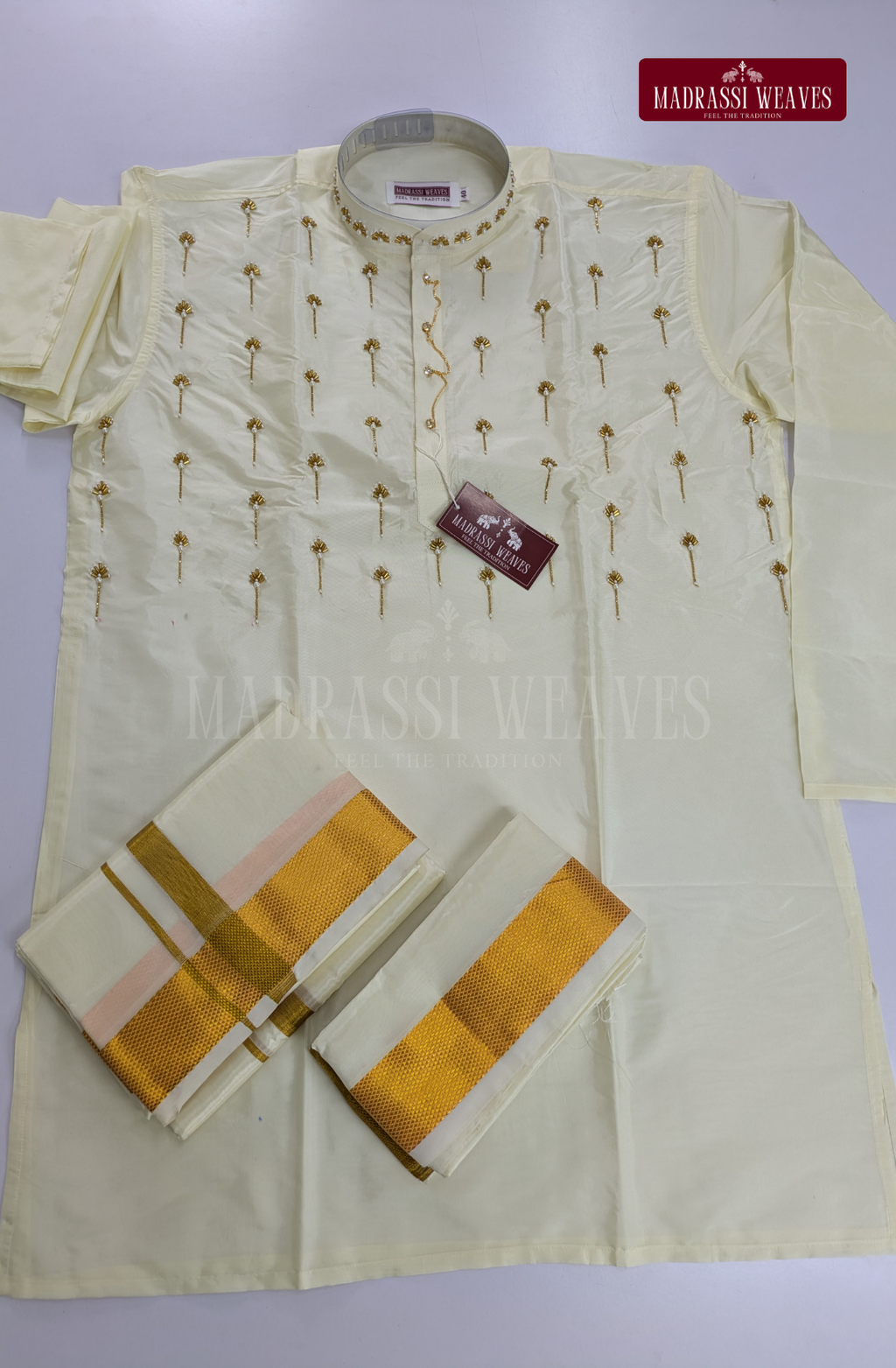 Luxury Aari Work Wedding Silk Kurta Dhoti Set (HandCrafted) -(DESPATCH TIME 15 DAYS) - Off White