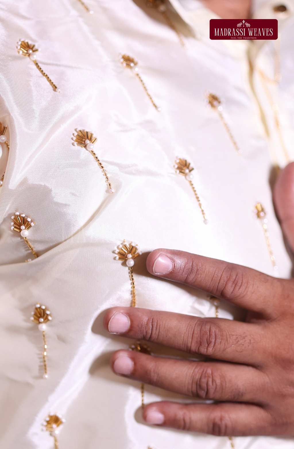 Luxury Aari Work Wedding Silk Kurta Dhoti Set (HandCrafted) -(DESPATCH TIME 15 DAYS) - Off White