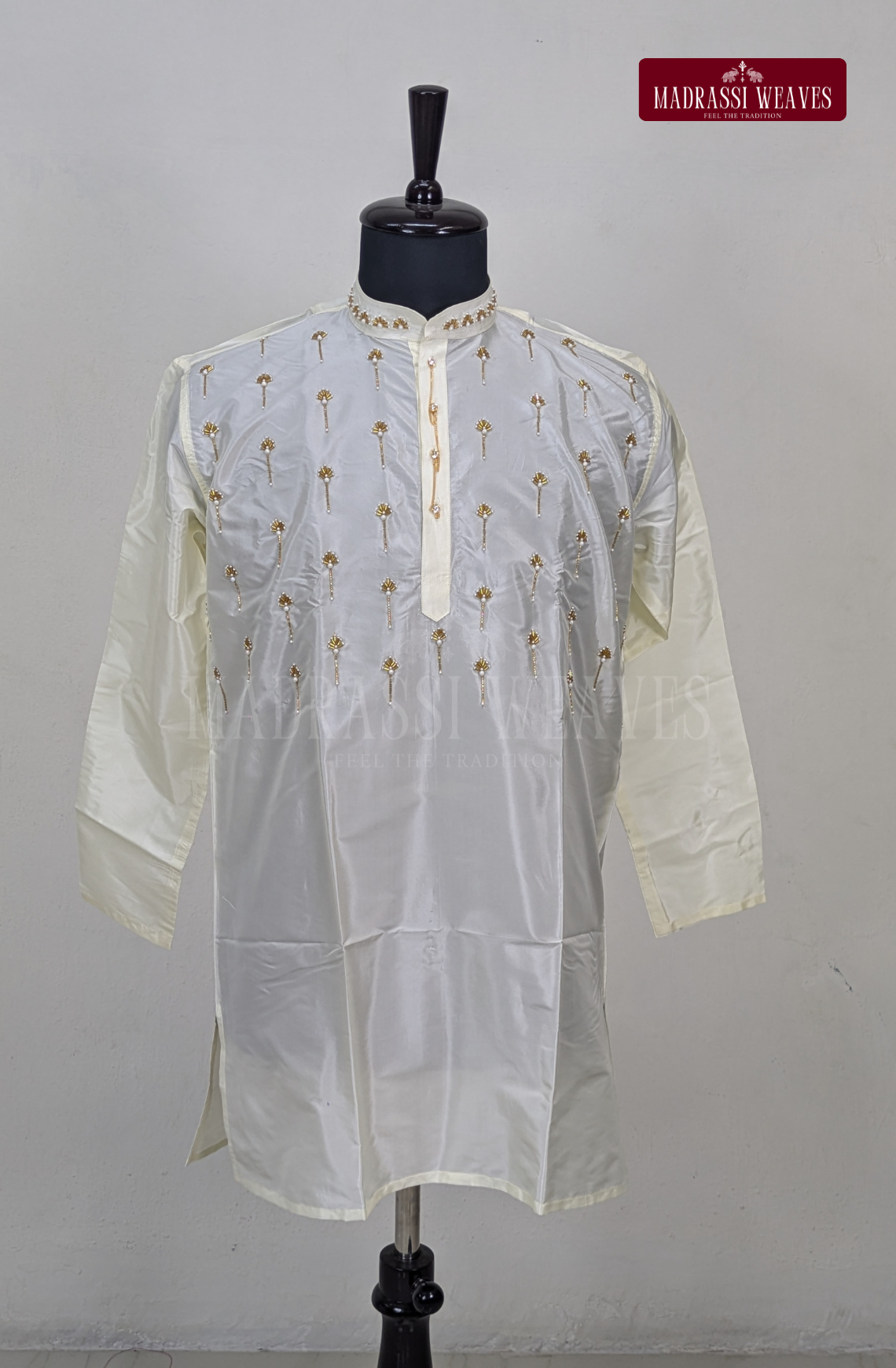 Luxury Aari Work Wedding Silk Kurta Dhoti Set (HandCrafted) -(DESPATCH TIME 15 DAYS) - Off White