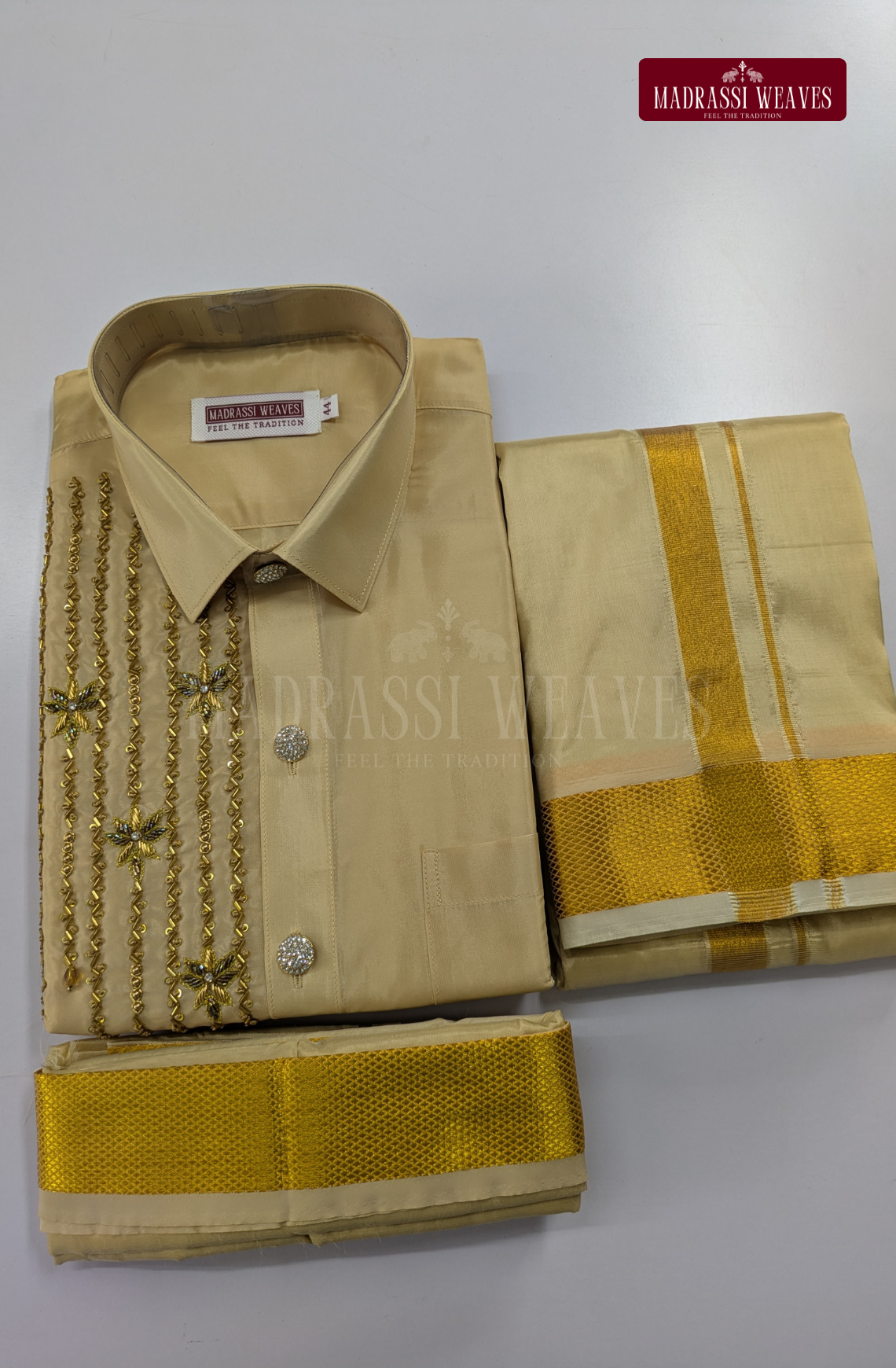 Luxury Aari Work Wedding Silk Dhoti Set (HandCrafted) -(DESPATCH TIME 15 DAYS) - Beige