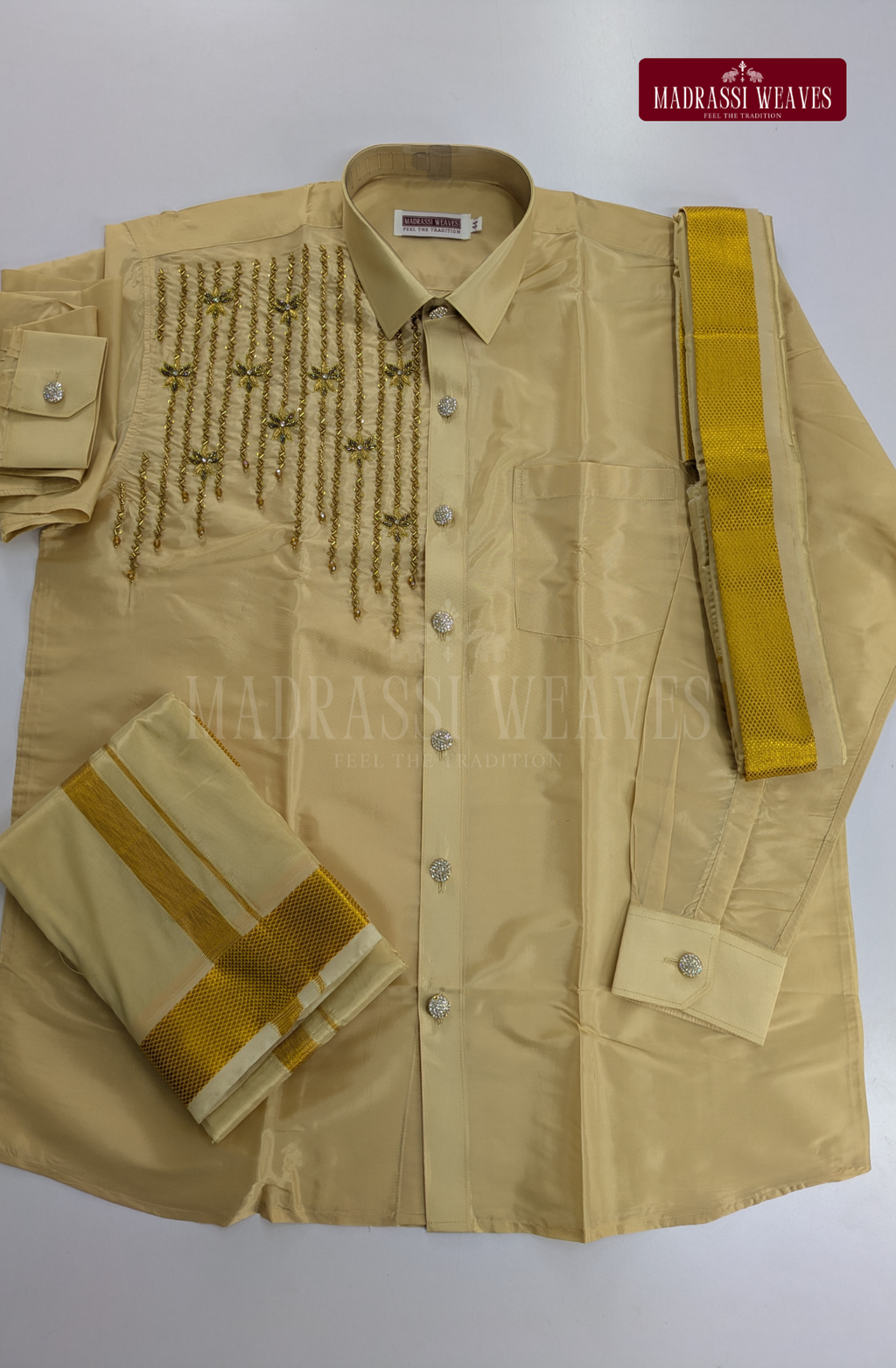 Luxury Aari Work Wedding Silk Dhoti Set (HandCrafted) -(DESPATCH TIME 15 DAYS) - Beige
