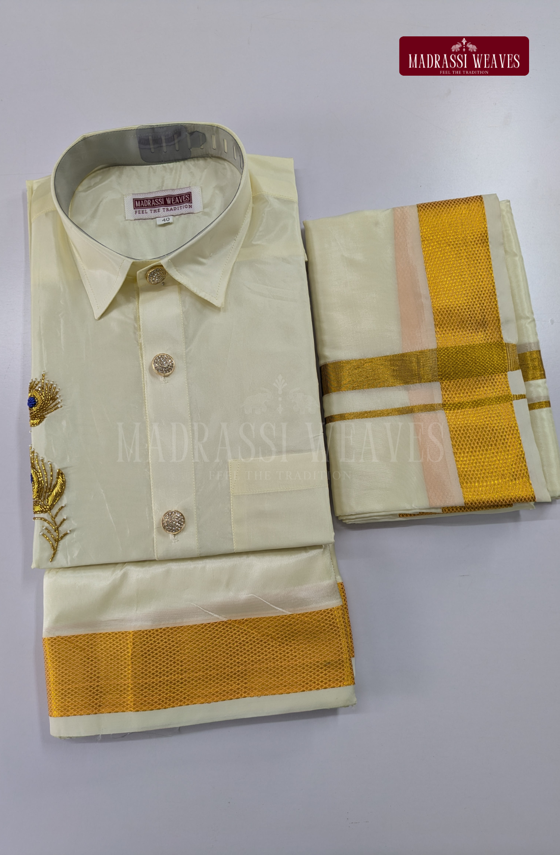 Luxury Aari Work Wedding Silk Dhoti Set (HandCrafted) -(DESPATCH TIME 15 DAYS) - Off White