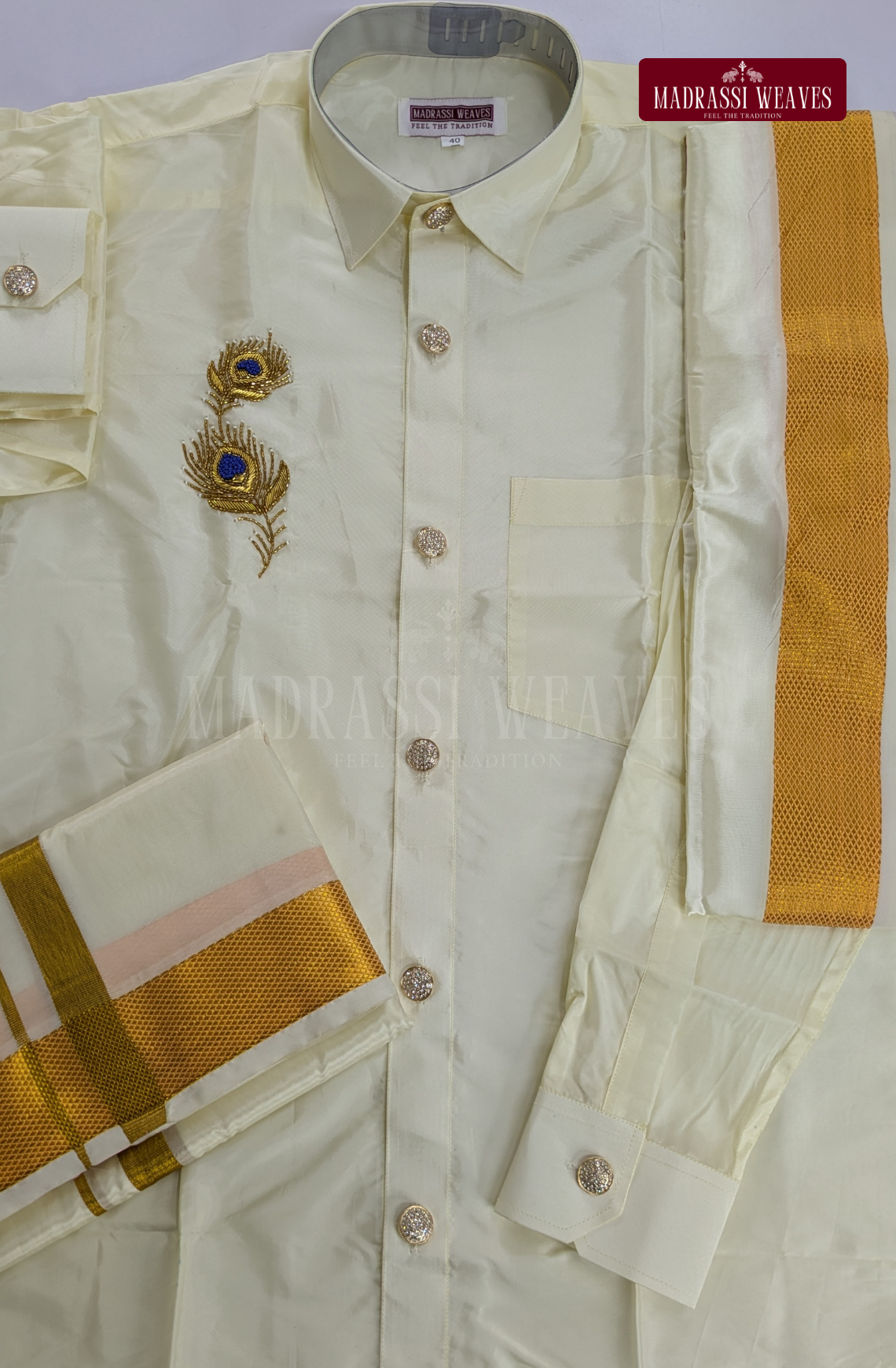 Luxury Aari Work Wedding Silk Dhoti Set (HandCrafted) -(DESPATCH TIME 15 DAYS) - Off White