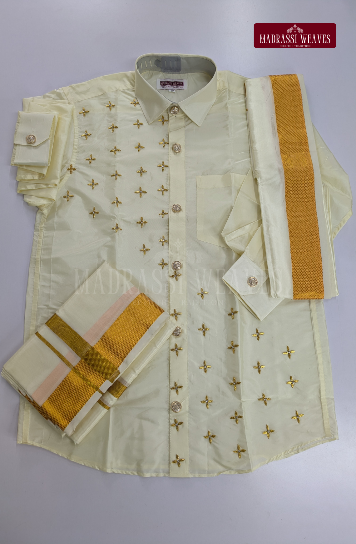 Luxury Aari Work Wedding Silk Dhoti Set (HandCrafted) -(DESPATCH TIME 15 DAYS) - Off White-6-5