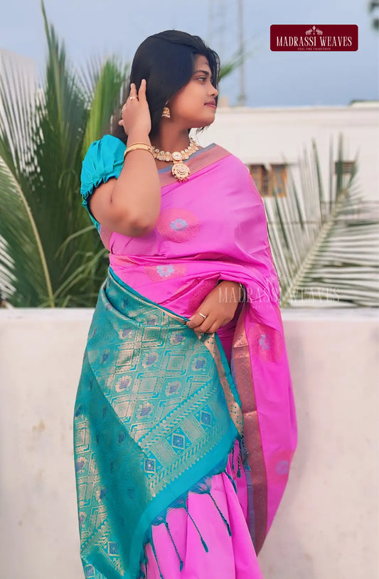 Indulge in timeless elegance with our Semi Kanji Silk Saree. The delicate pinkish lavender hue, accented with a shimmering Zari border and intricate butta design, makes it perfect for special occasions and weddings. Plus, the attached blouse material and easy online purchase option make it a must-have!