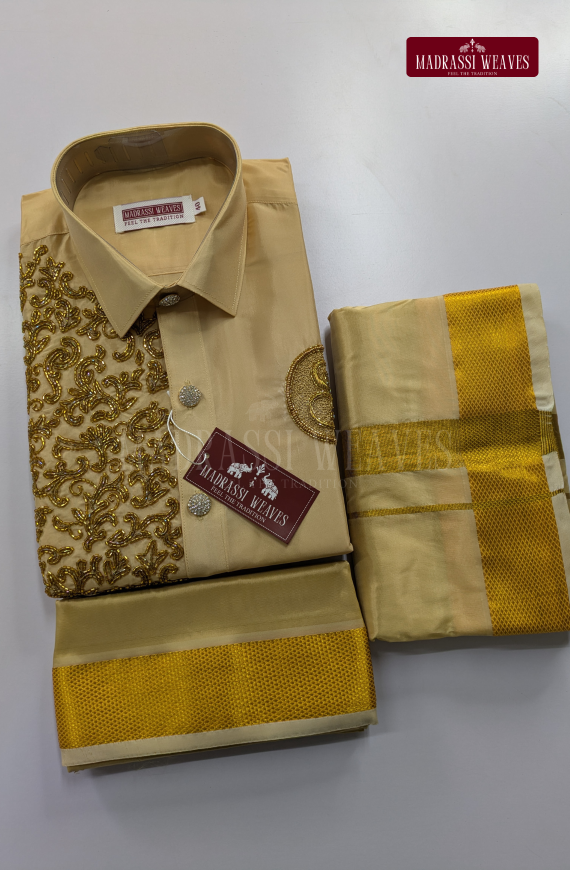 Luxury Aari Work Wedding Silk Dhoti Set (HandCrafted) -(DESPATCH TIME 15 DAYS)