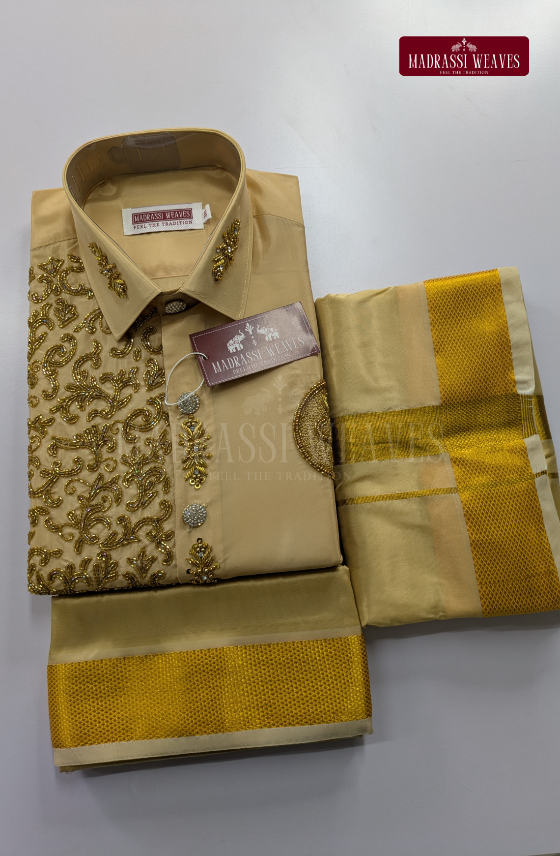 Luxury Aari Work Wedding Silk Dhoti Set (HandCrafted) -(DESPATCH TIME 15 DAYS)