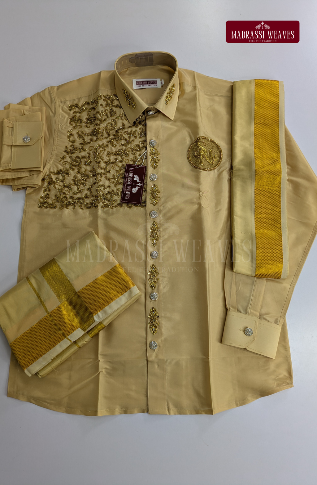 Luxury Aari Work Wedding Silk Dhoti Set (HandCrafted) -(DESPATCH TIME 15 DAYS)