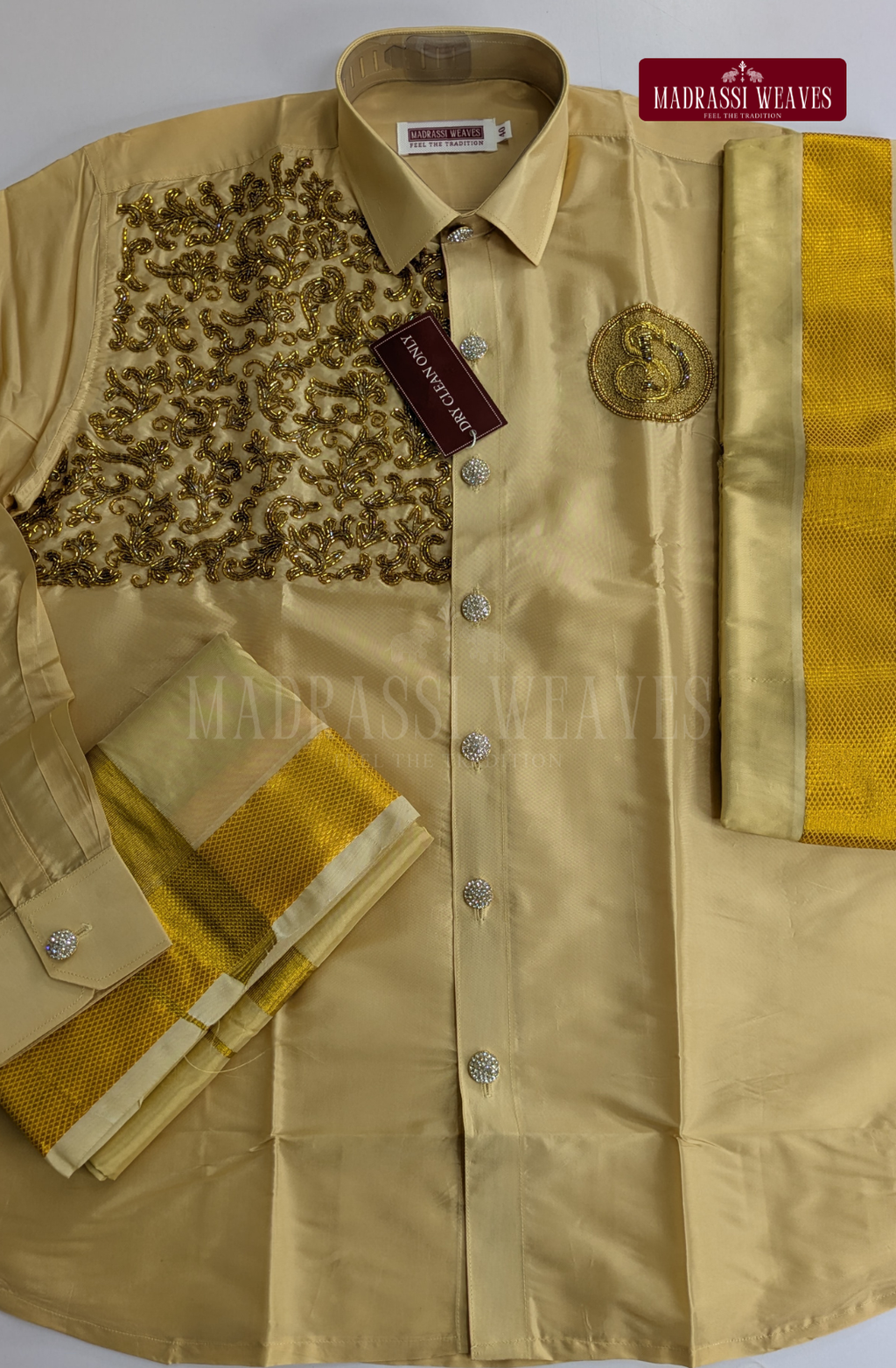 Luxury Aari Work Wedding Silk Dhoti Set (HandCrafted) -(DESPATCH TIME 15 DAYS)