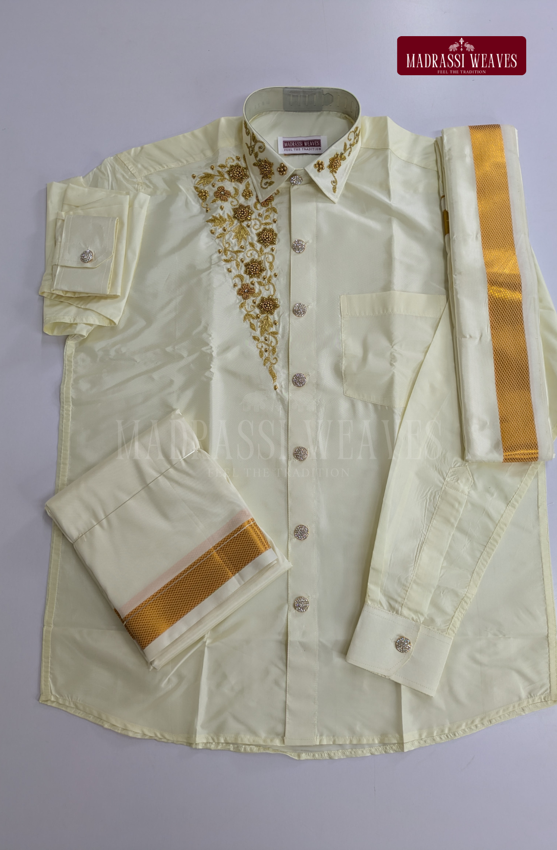 Luxury Aari Work Wedding Silk Dhoti Set (HandCrafted) -(DESPATCH TIME 15 DAYS)