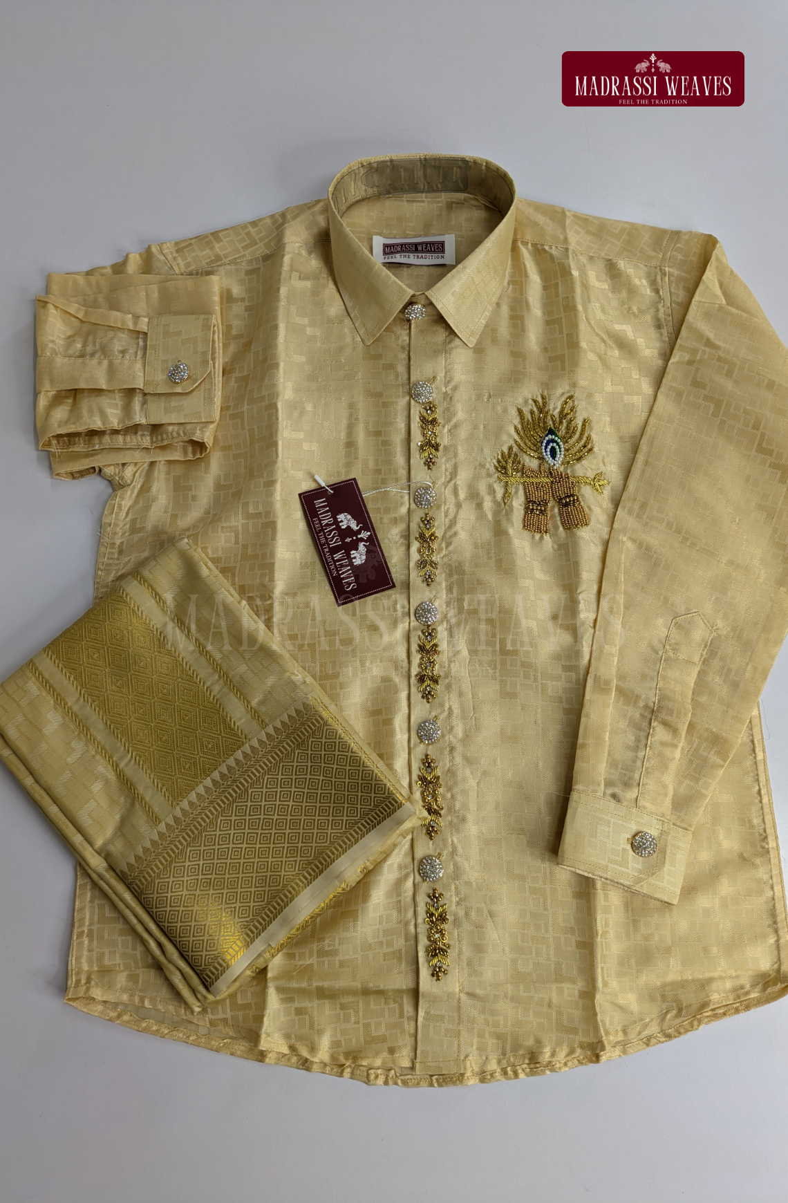 Luxury Aari Work Wedding Embossed Art Silk Dhoti Set (HandCrafted) -(DESPATCH TIME 15 DAYS)