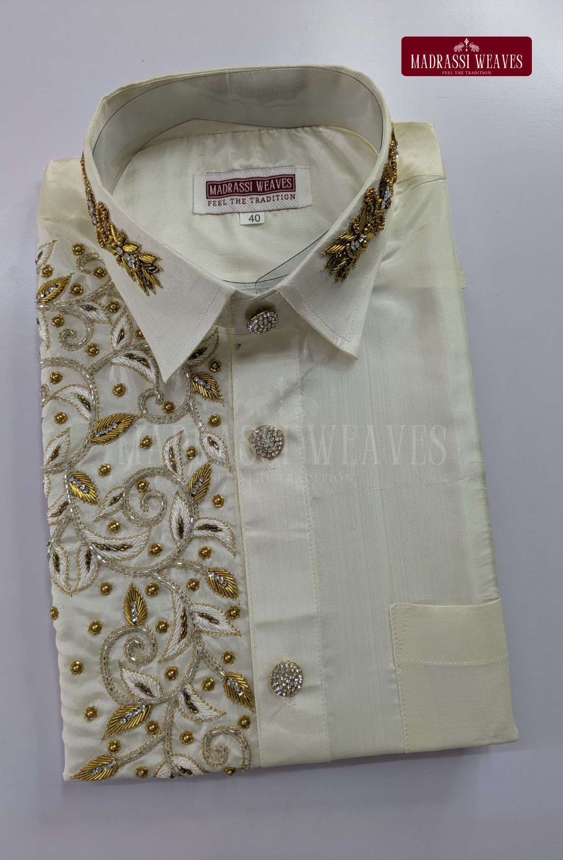 Aari Work Men's Shirt Only (Hand Crafted) - (DESPATCH TIME 15 DAYS)- Off White
