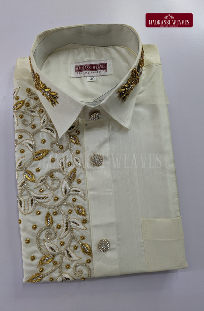 Aari Work Men's Shirt Only (Hand Crafted) - (DESPATCH TIME 15 DAYS)- Off White