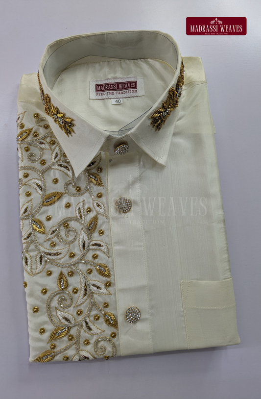 Aari Work Men's Shirt Only (Hand Crafted) - (DESPATCH TIME 15 DAYS)- Off White