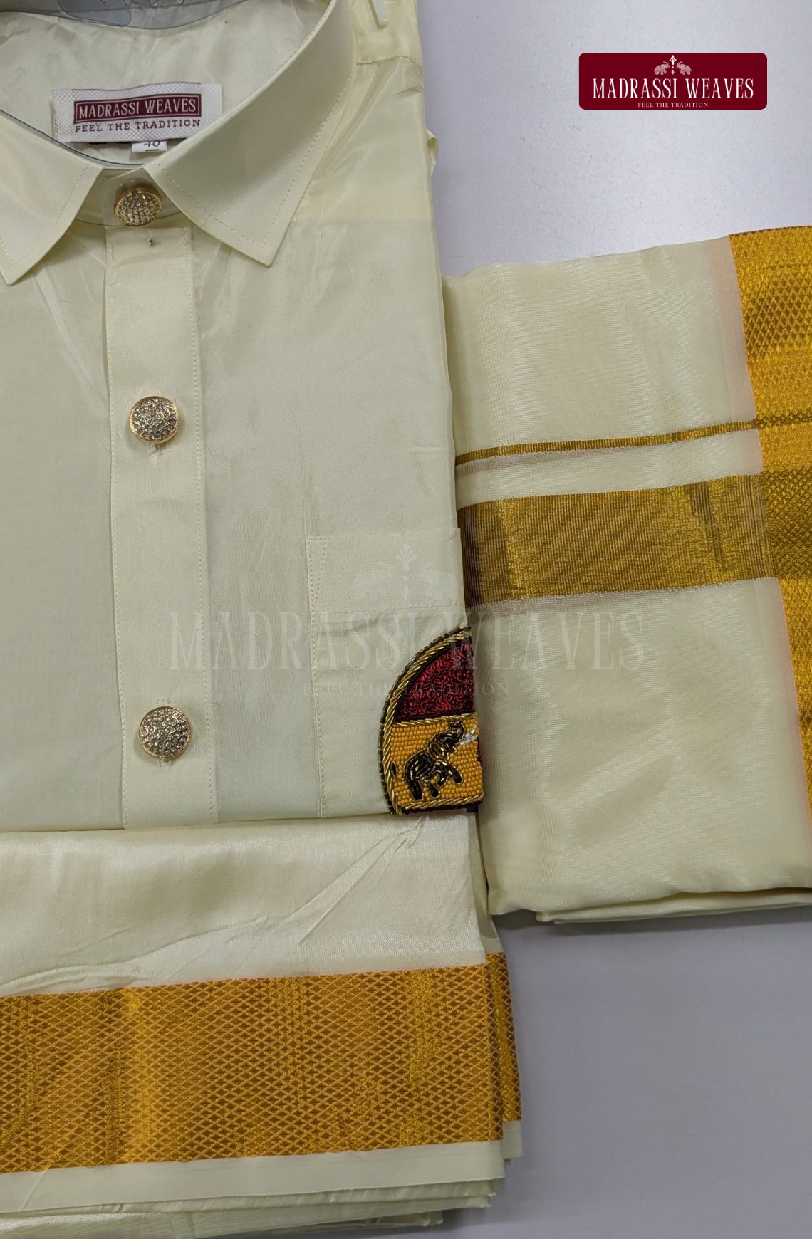Luxury Aari Work Wedding Silk Dhoti Set (HandCrafted) -(DESPATCH TIME 15 DAYS) - Off White