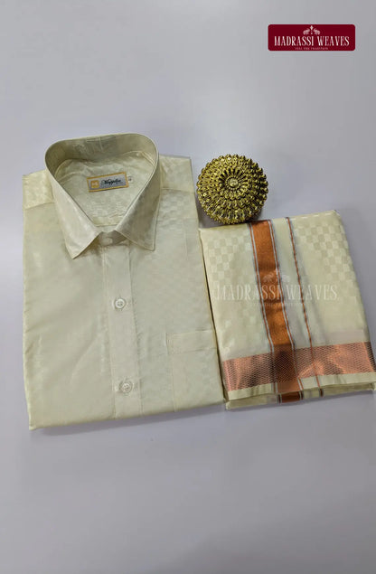 Textured Weave Japan Silk Dhoti Set - Off White