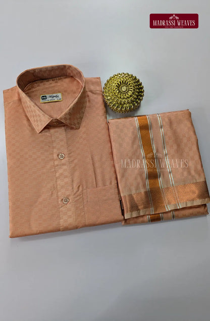 Textured Weave Japan Silk Dhoti Set - Copper