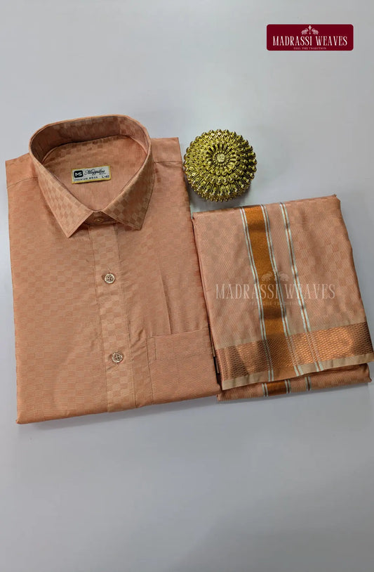 Textured Weave Japan Silk Dhoti Set - Copper