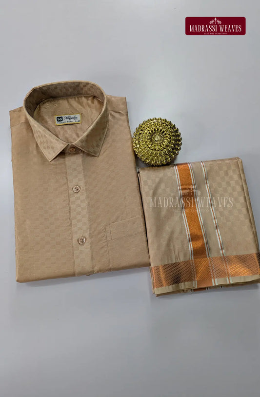 Textured Weave Japan Silk Dhoti Set - Sand Stone