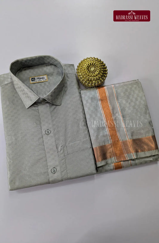 Textured Weave Japan Silk Dhoti Set - Steel Grey