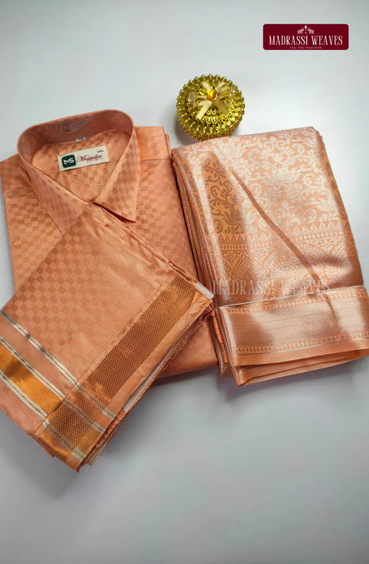 Textured Weave Japan Silk Couple Combo Set - Peach