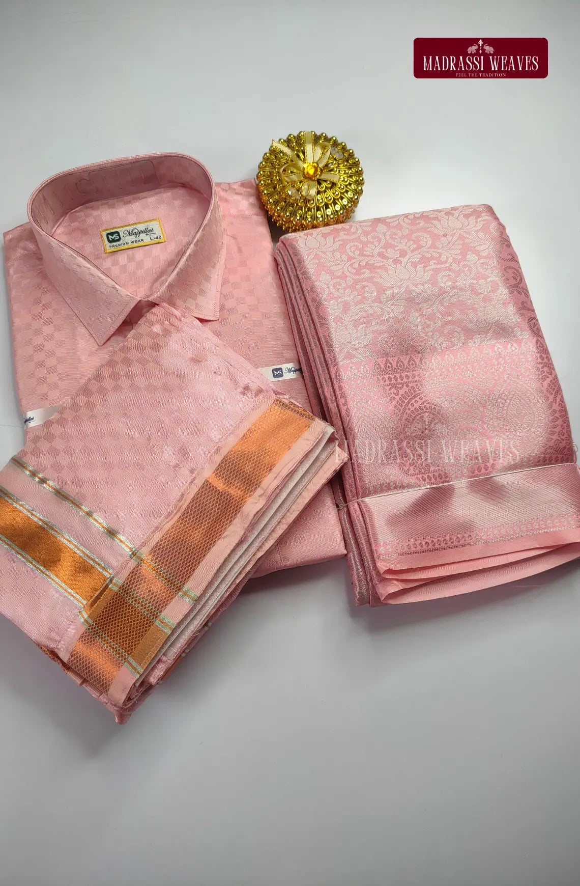 Textured Weave Japan Silk Couple Combo Set - Pink