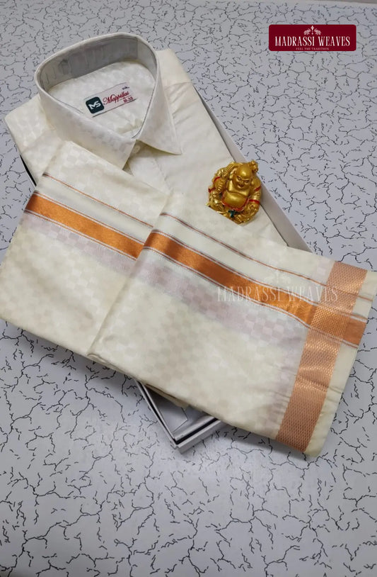 Textured Weave Japan Silk Dhoti Set - White