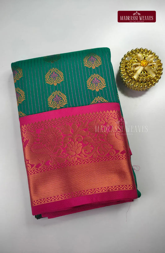 Traditional Kanchi Meena Work Semi Silk Saree - Rama Green