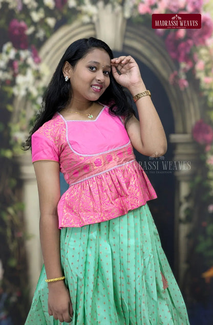 Trendy Functional Wear Fusion Silk pattu Pawada Set - Rexona with Pink